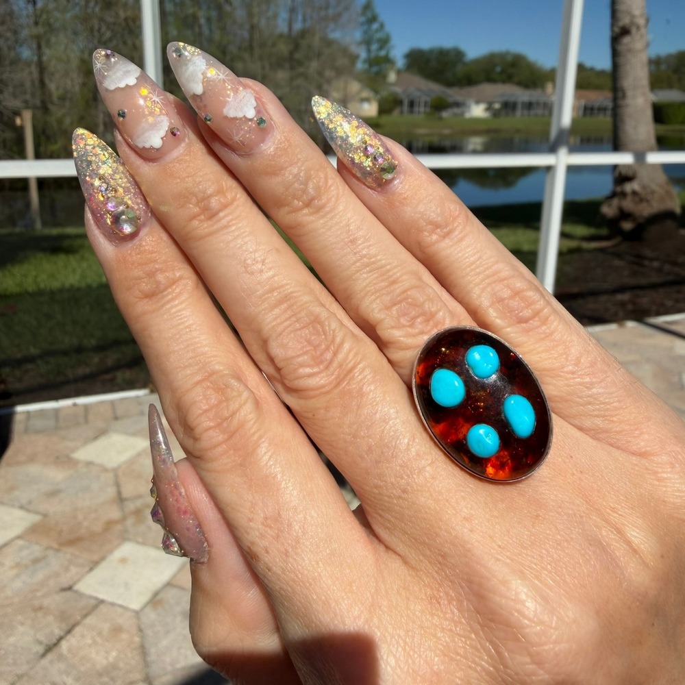 Vintage DRT Sterling Silver 925 Amber Turquoise Inlay Statement Ring Size 6.25
